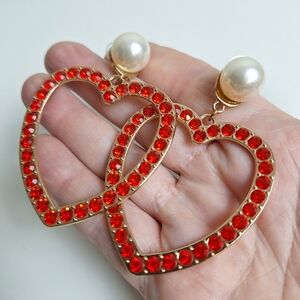 Vintage Large Statement Heart Shaped Earrings Red Rhinestones Faux Pearls 3"